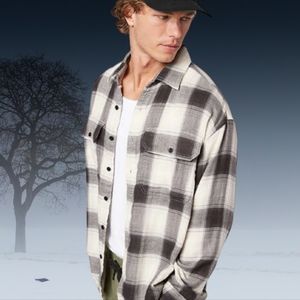 Nwt AEO Plaid Grey Cabin Flannel Shacket Shirt Sz XXL